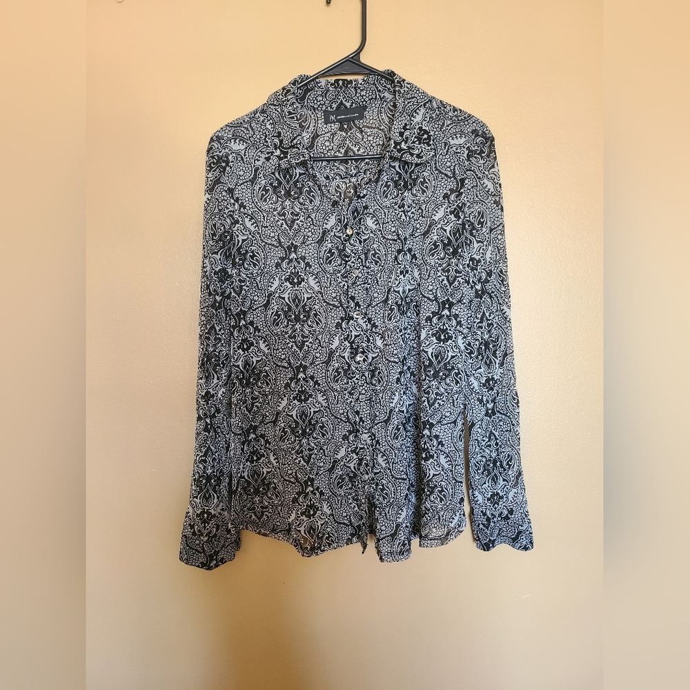 INC International Concepts Paisley Print Sheer Rhinestone Button Blouse L/XL